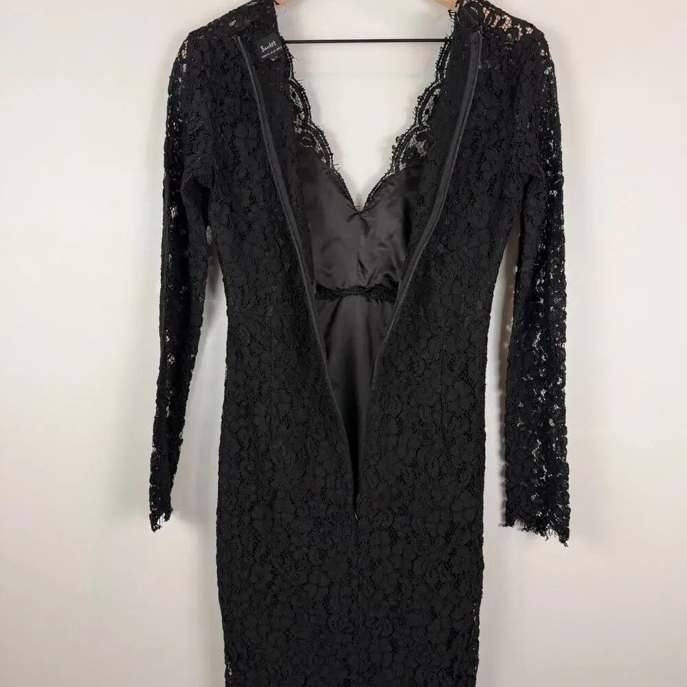 Bardot Dress Women 6 Black Floral Crochet Lace Zip Back V-Neck Long Sleeve Party